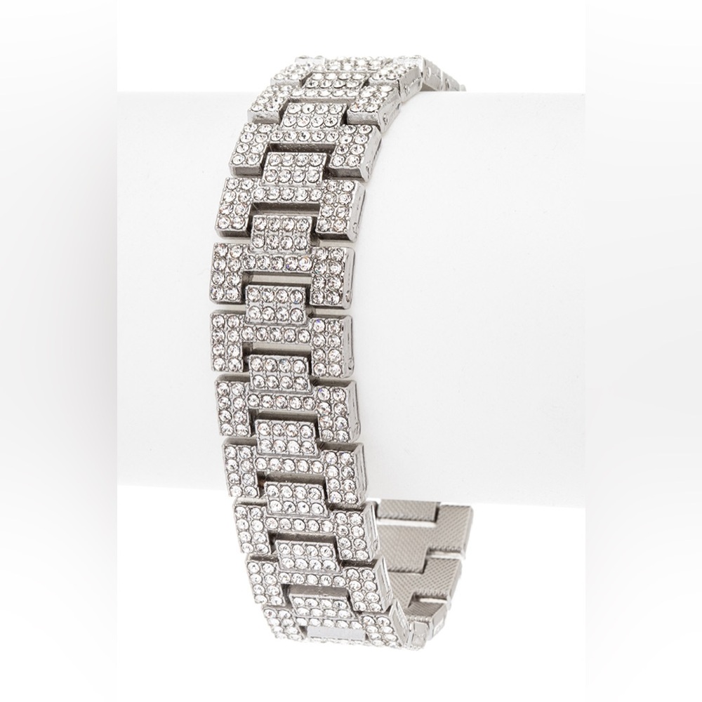 Silver Rhinestone Cuban Chain Bracelet